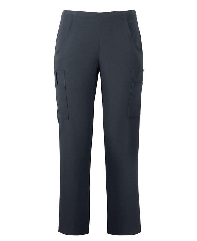 A pair of dark grey cargo pants featuring side pockets and a fitted design, with a logo on one side.