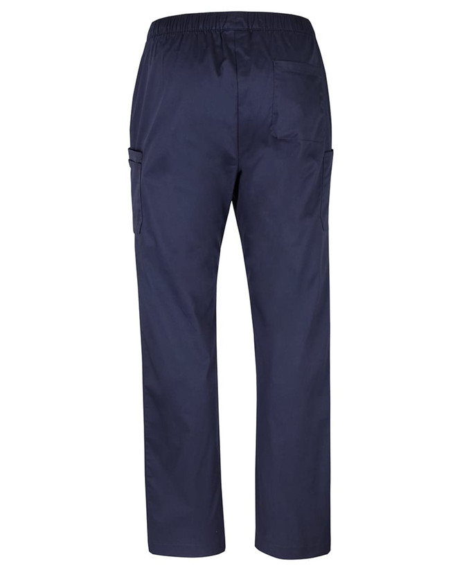 Unisex premium cargo pants in navy blue with an elastic waistband and multiple pockets. Branding present.