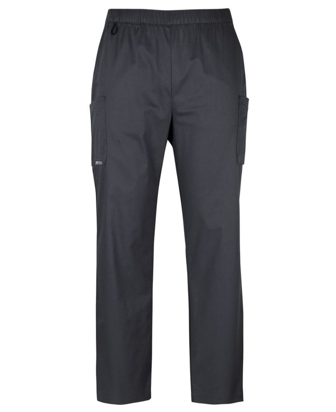 Unisex premium cargo pants in dark grey, featuring side pockets and an elastic waistband. Includes a logo.
