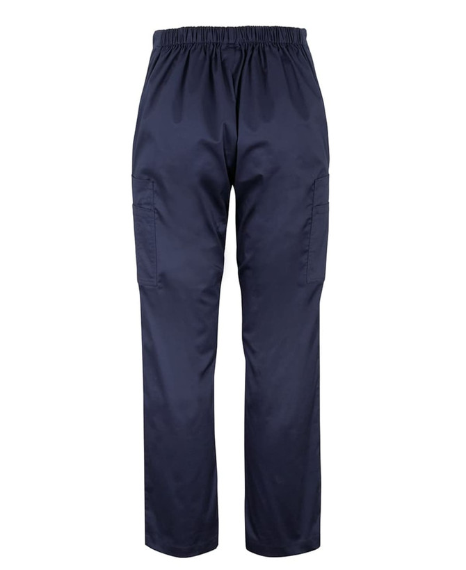 Navy blue scrub cargo pants featuring an elastic waistband and side pockets. Includes a logo on the fabric.