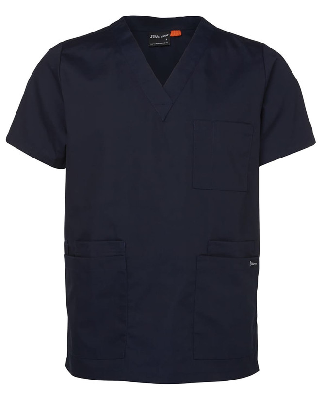 A navy blue unisex scrubs top with short sleeves, featuring a pocket on the chest and two front pockets.