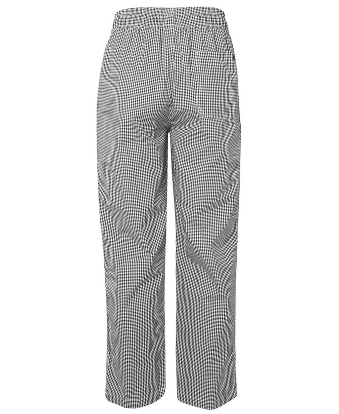 Elasticated pants in a black and white checkered pattern with a plain back view and an elastic waistband.