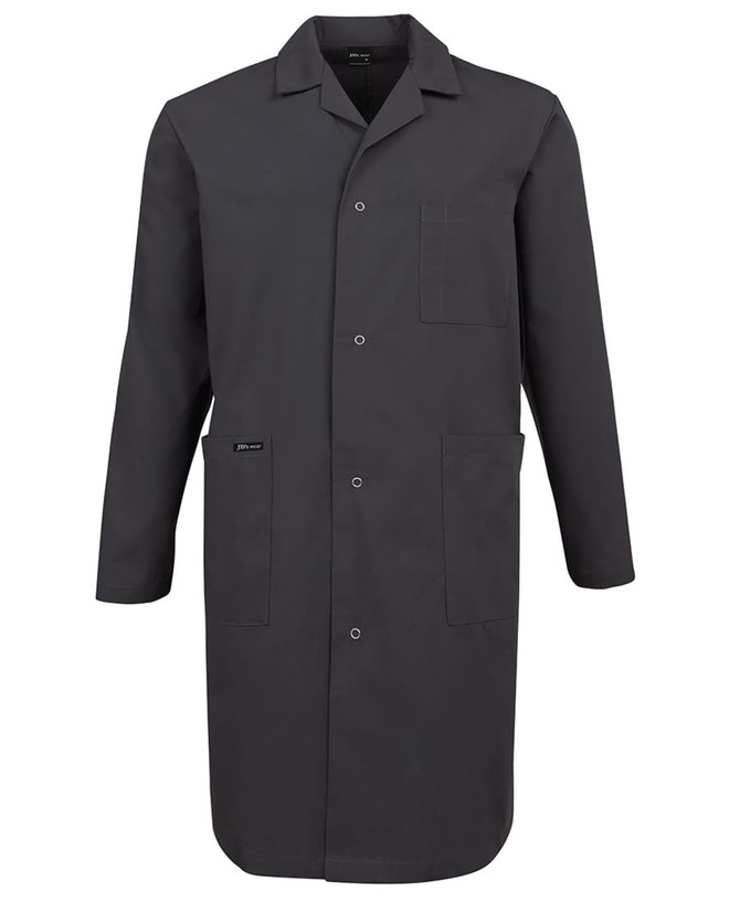 A dark grey lab coat featuring long sleeves, a front button closure, and pockets. It has a branding label.