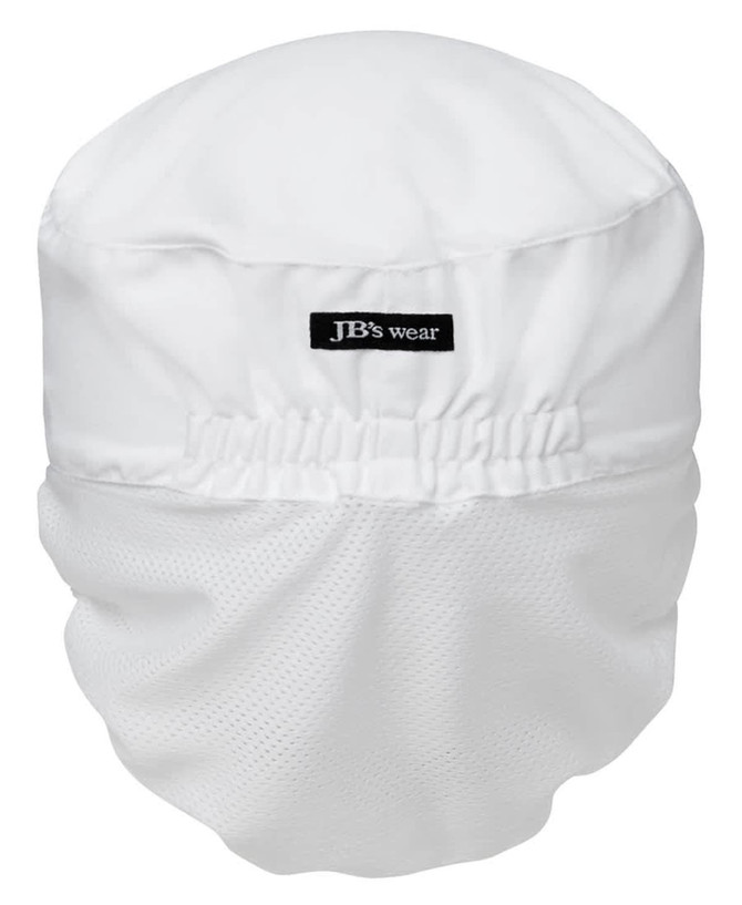 A white chef's food prep hat featuring a gathered elastic band and a logo.