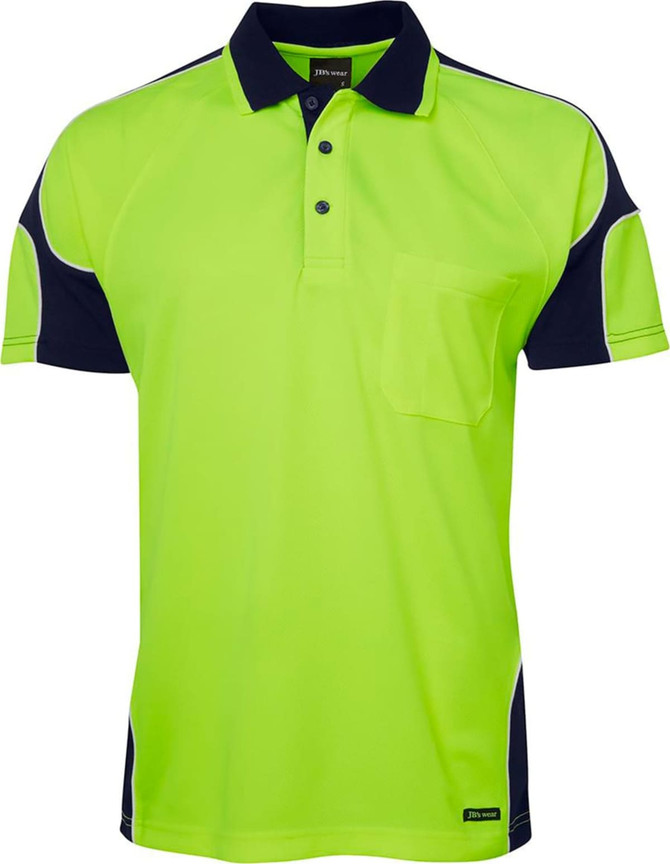 A high-visibility green polo shirt with navy blue arm panels and a chest pocket, featuring a logo.