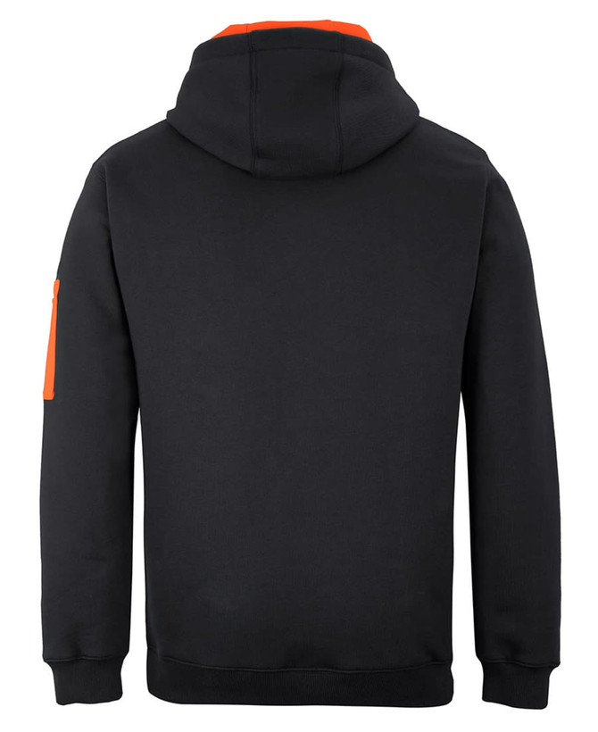 A black work hoodie with an orange accent on the hood and a zipped pocket on the sleeve. Features a logo.