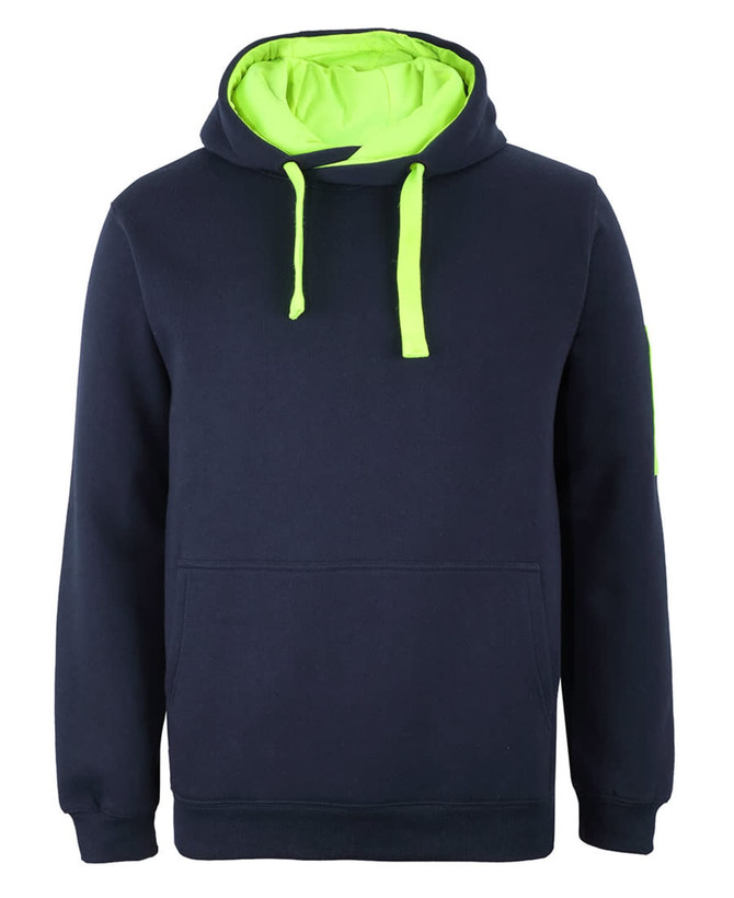 A navy work hoodie with a green hood and drawstrings, featuring a front pocket and a logo on the sleeve.