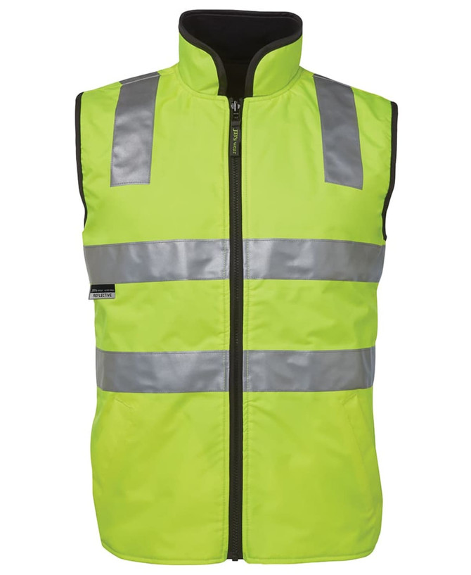 High-visibility yellow reflective vest with silver stripes and a zip front, featuring a logo on the side.