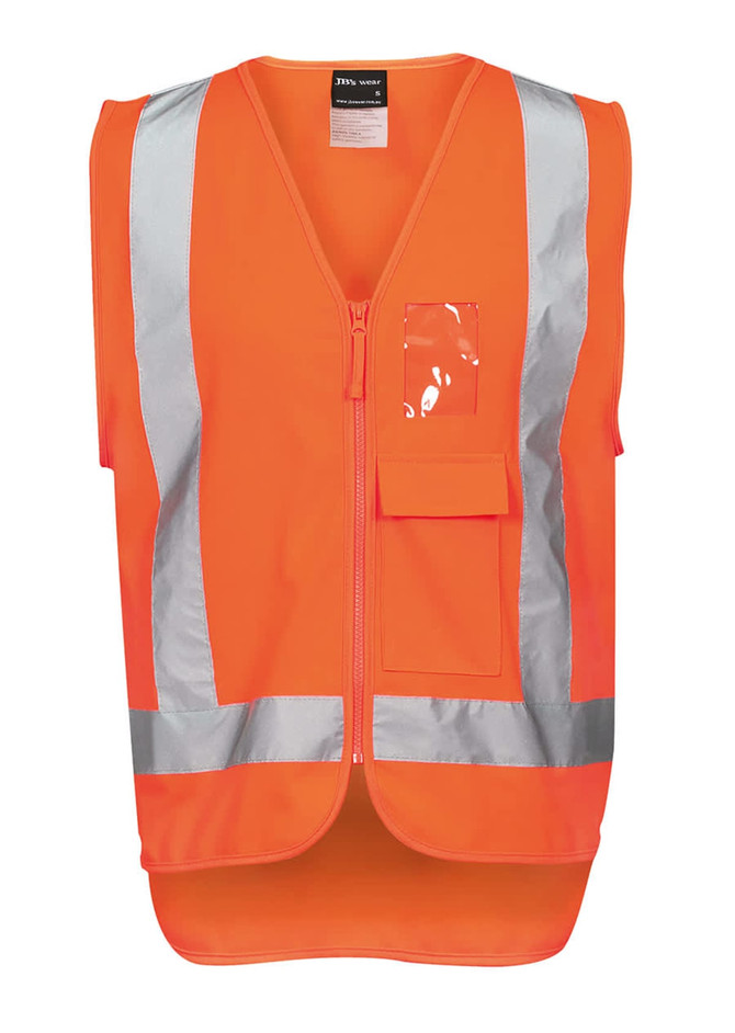 An orange work vest featuring silver reflective stripes and a front pocket, designed for visibility and safety.