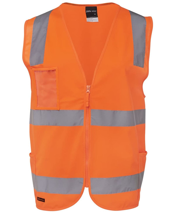 An orange safety vest with reflective silver stripes and a front pocket, featuring a zip closure and no sleeves.