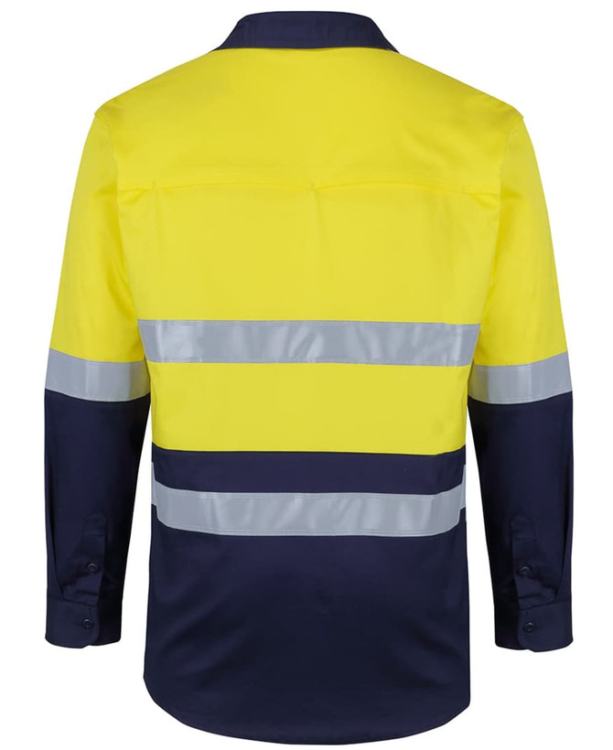 A long-sleeve work shirt in yellow and navy, featuring reflective tape for visibility and a brand logo.