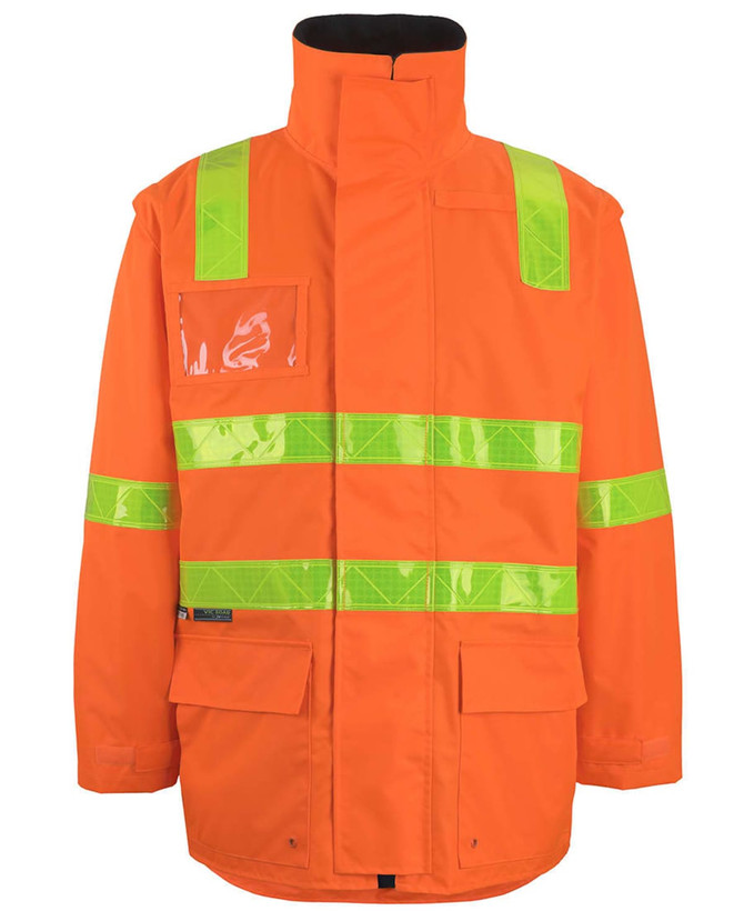 An orange work jacket featuring reflective green strips and a pocket, designed for visibility and safety.