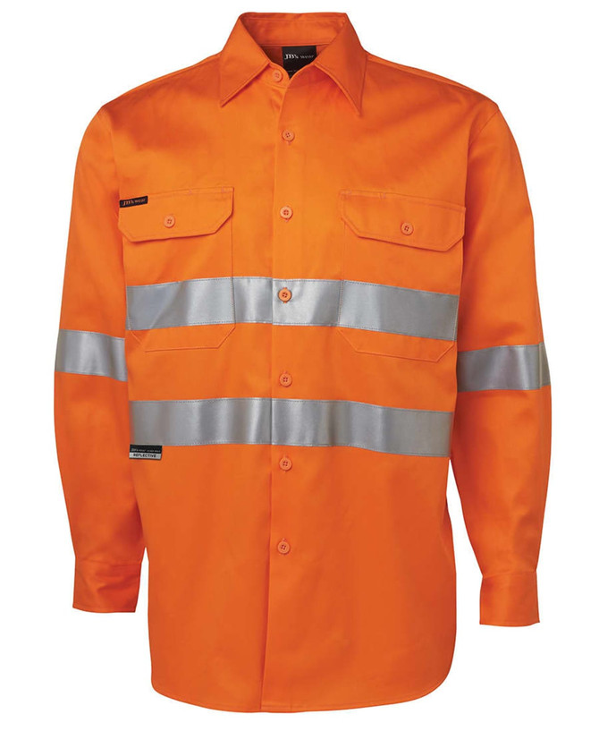 An orange work shirt with silver reflective stripes and two front pockets, featuring a logo.