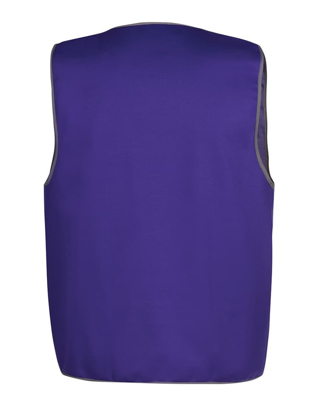 A purple work vest with grey trim, featuring a logo on the back.