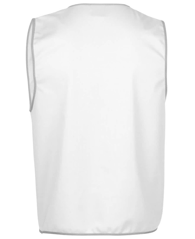 A plain white work vest with grey trim and a logo. The back view shows a simple, sleeveless design.
