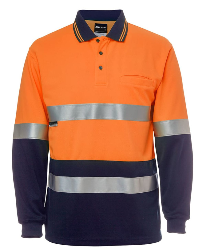 An orange and navy long-sleeve polo shirt featuring reflective stripes and a collar. The shirt has a pocket and a logo.