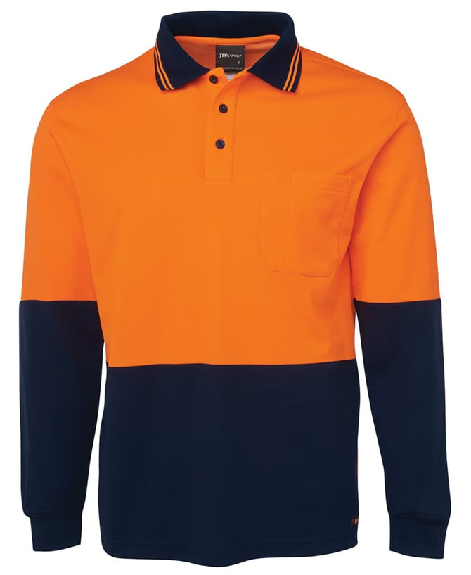 An orange and navy long-sleeve cotton polo shirt with a chest pocket and a logo.