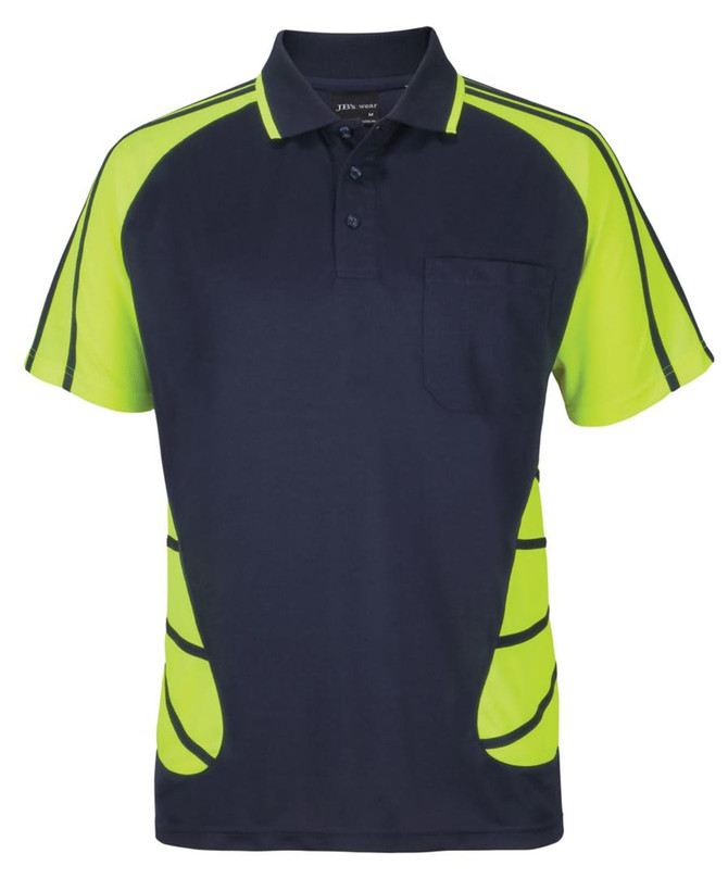 A navy and high visibility green polo shirt with a collar and a front pocket, featuring contrasting design elements.