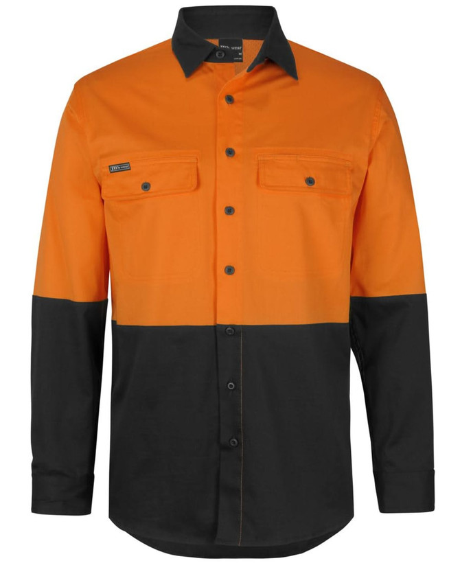 An orange and black long-sleeve work shirt with two chest pockets and a logo on the front.