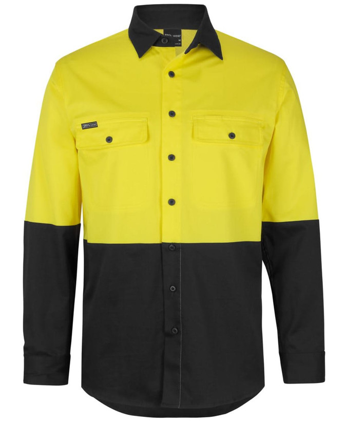 A long-sleeve work shirt in bright yellow and black with two chest pockets and a logo on the front.