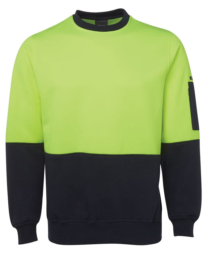 A high-vis fleece crew jumper in bright green and black, featuring a logo on the sleeve.