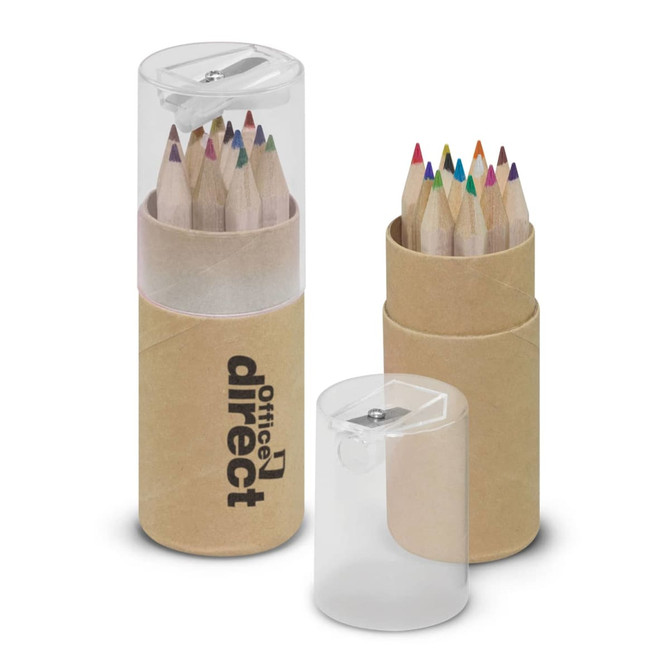 A tube containing coloured pencils in various hues, with a clear lid and a cardboard base, featuring a logo.