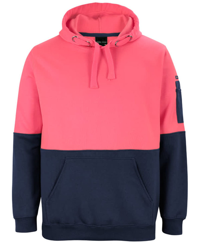 A pink and navy hoodie with a front pocket and a logo on the sleeve. Ideal for workwear or casual wear.