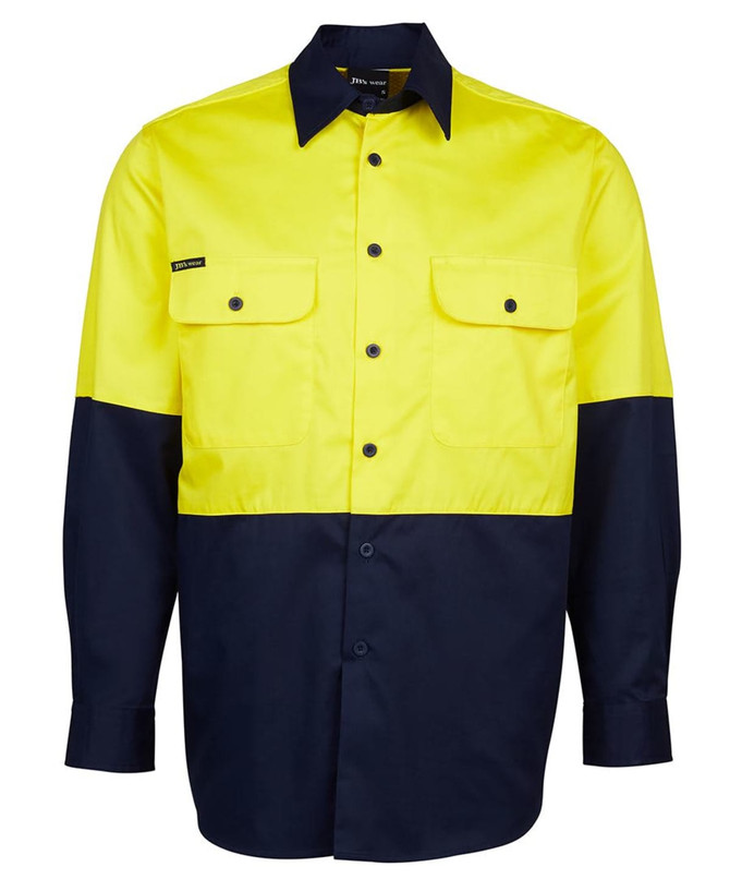 A long-sleeved work shirt in high visibility yellow and navy, featuring two chest pockets and a logo.