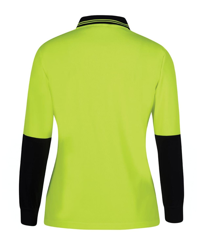 A lime green long-sleeve polo shirt with black sleeves and a collar featuring branding.