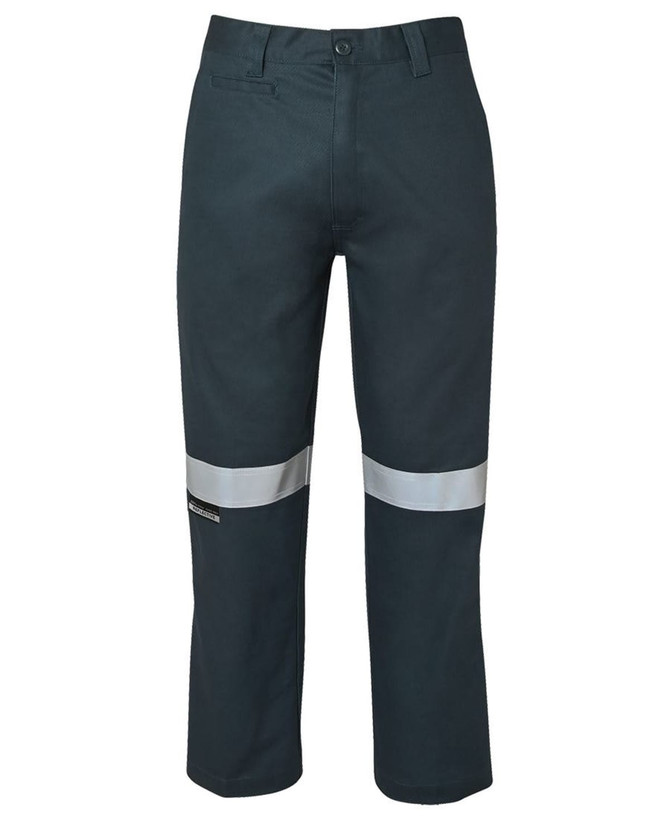 A pair of dark green work trousers featuring reflective tape on the legs and a logo on the fabric.