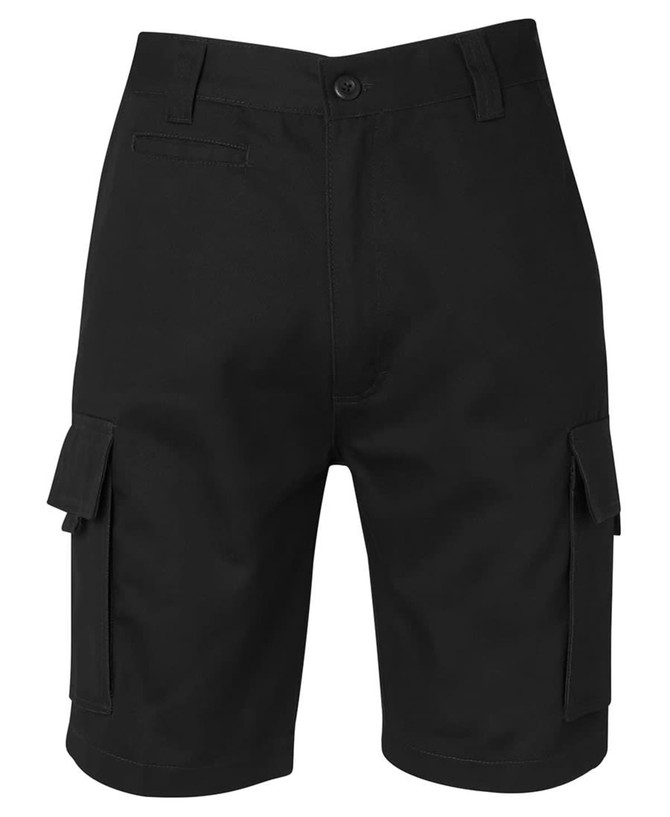 Black cargo shorts with side pockets and a classic design, featuring a front button and zip closure.