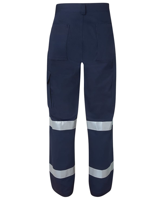 Navy work pants featuring reflective tape, designed for safety and comfort, with various pockets and a logo.