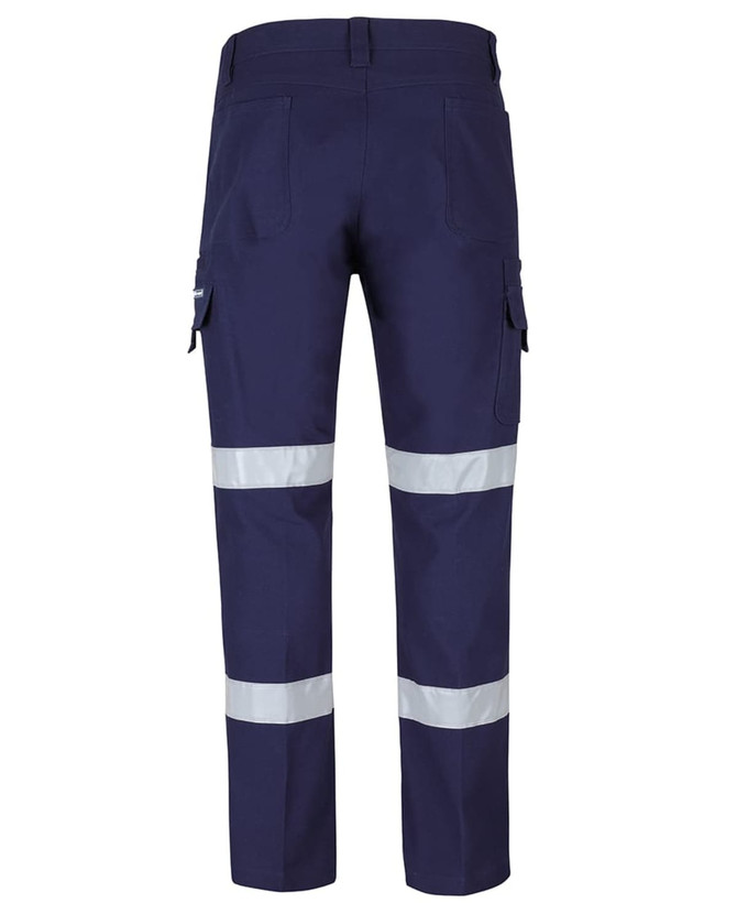 Navy cargo pants with D+N reflective tape, featuring multiple pockets and a logo on the waistband.