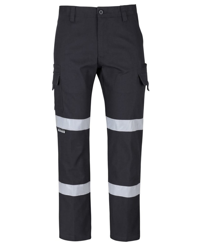 Multi-pocket stretch canvas cargo pants in black with reflective tape strips. Features a logo on the side.
