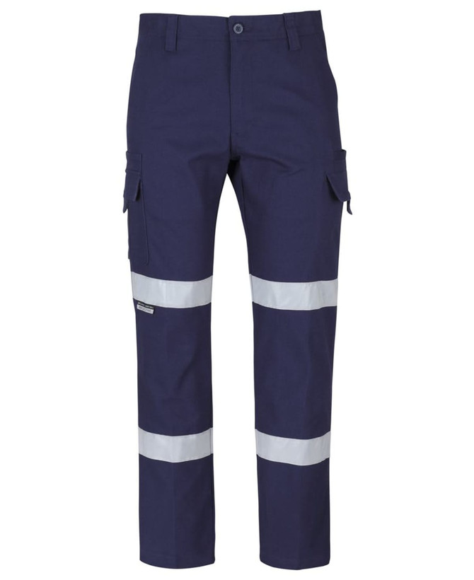 Navy blue cargo pants featuring reflective D+N tape accents and multiple pockets. Includes a logo on the side.