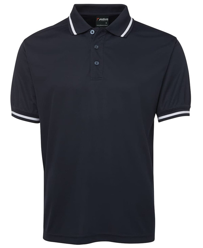 A navy polo shirt with a classic collar and contrasting white stripes on the sleeves. It features a logo on the chest.