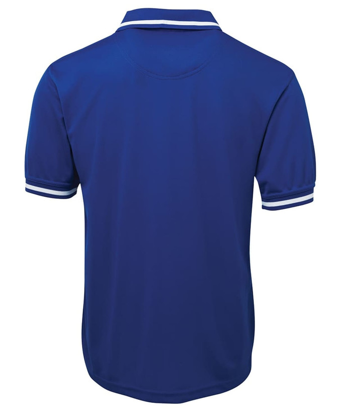 A blue polo shirt featuring a solid design with contrasting striped details on the sleeves and a logo.