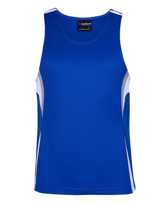 A royal blue singlet featuring white and grey panels, with a branding logo on the label.