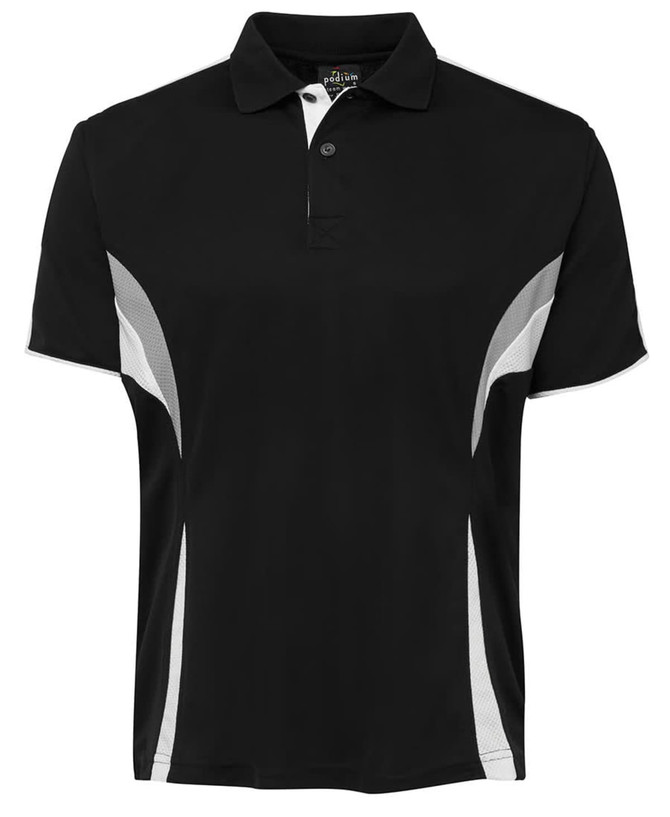A black polo shirt featuring grey side panels and a collar, with a logo on the chest.