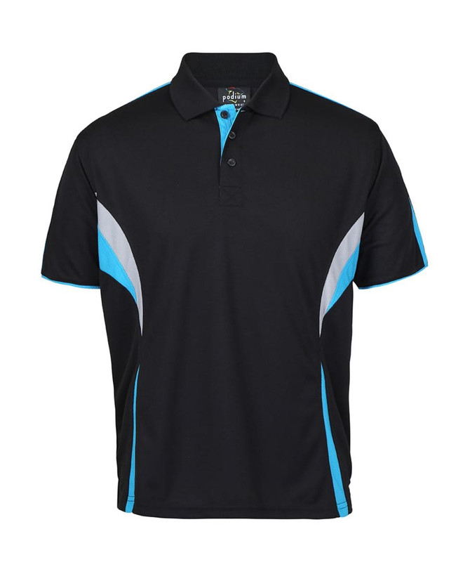 A black polo shirt featuring blue and grey accents, with a collar and a branded logo.