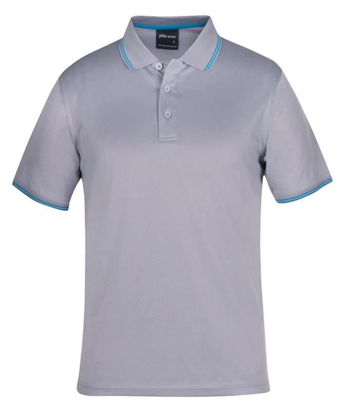 A grey polo shirt featuring contrast blue stripes on the collar and sleeves, with a logo on the chest.