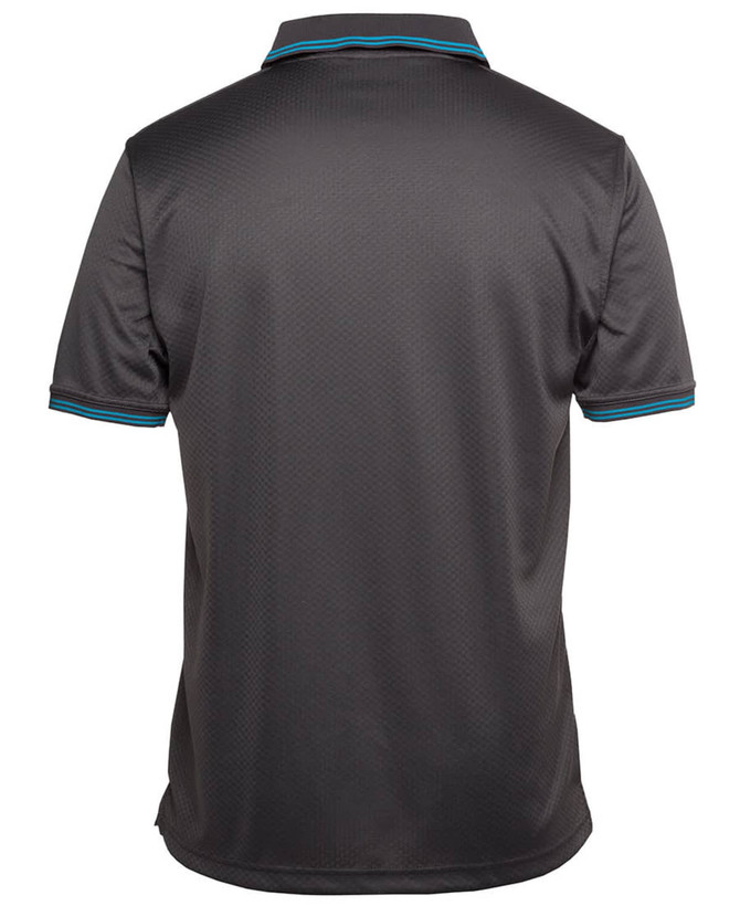 A dark grey polo shirt with a jacquard texture and contrast blue detailing on the collar and sleeves.