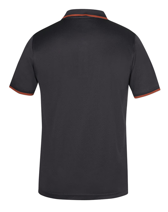 A black polo shirt featuring contrast orange detailing and a logo on the front.