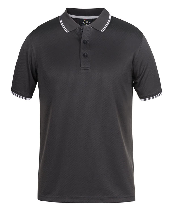 A black polo shirt featuring a jacquard design and contrasting collar and sleeve detailing. The shirt has a logo on it.