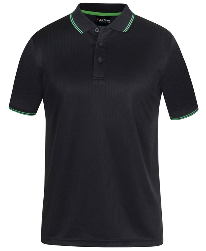A black Jacquard polo shirt featuring a contrasting green collar and sleeve trim, with a logo on the chest.