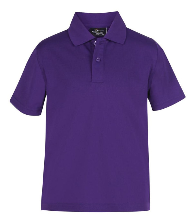 A purple polo shirt with a collar and short sleeves, featuring a badge on the neckline.