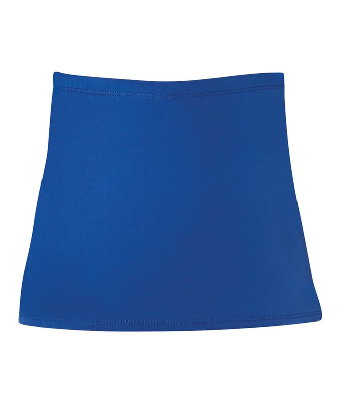 A blue skort with a simple design, featured among bottoms in the skirts category. It has a logo present.