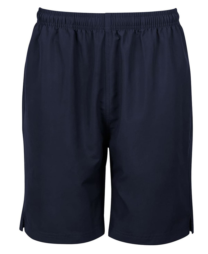 Navy sports shorts with an elastic waistband and side slits, featuring a branding logo.