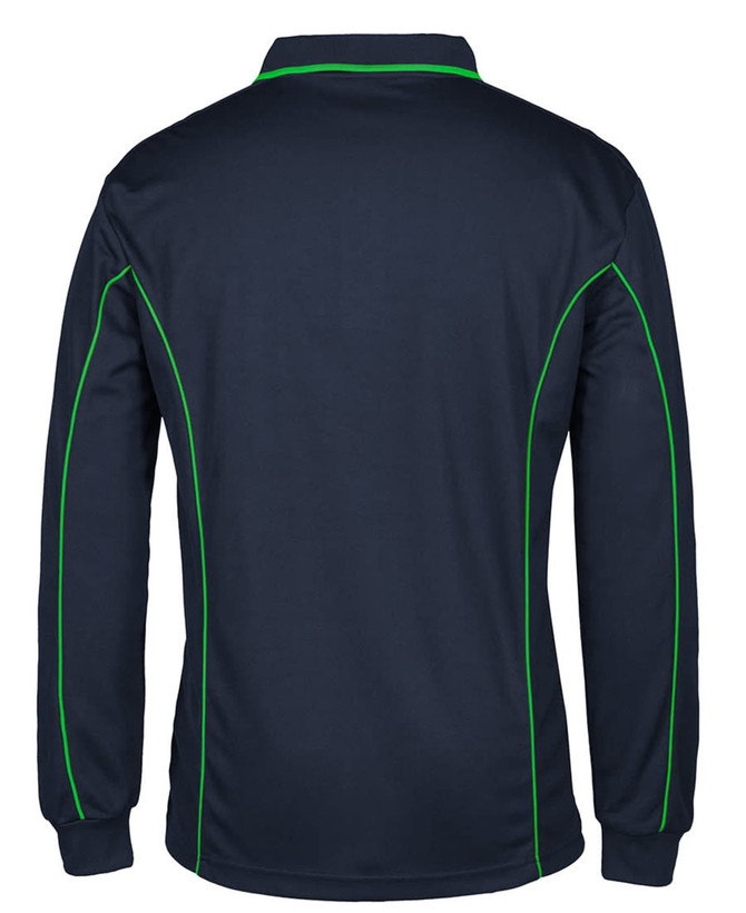 A navy blue long-sleeve polo shirt with green piping accents and a logo on the chest.