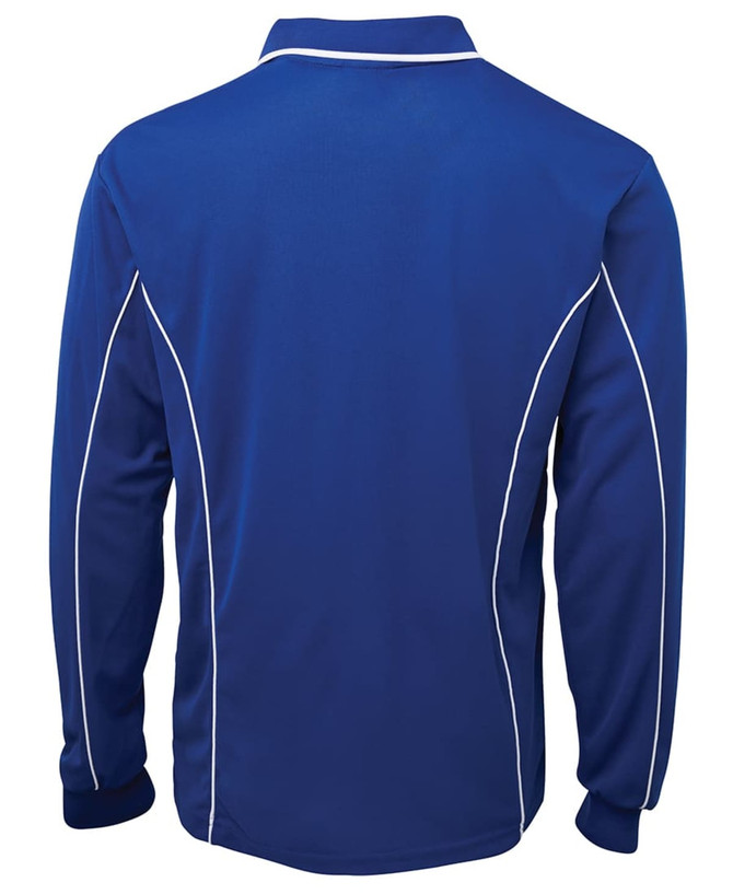 A blue long-sleeve polo shirt with white piping along the seams and a collar. It features a logo on the front.